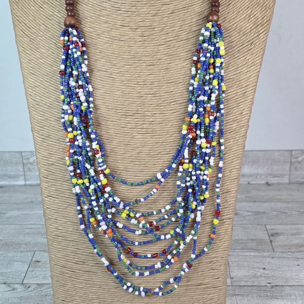 Handmade Multi-Strand Beads Wood Necklace Boho Colorful Artisan Statement 15" - Picture 3 of 7